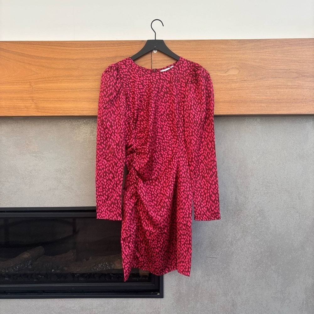 VILA Satin Mini Dress With Ruched Side In Hot Pink Animal Print, Size 4